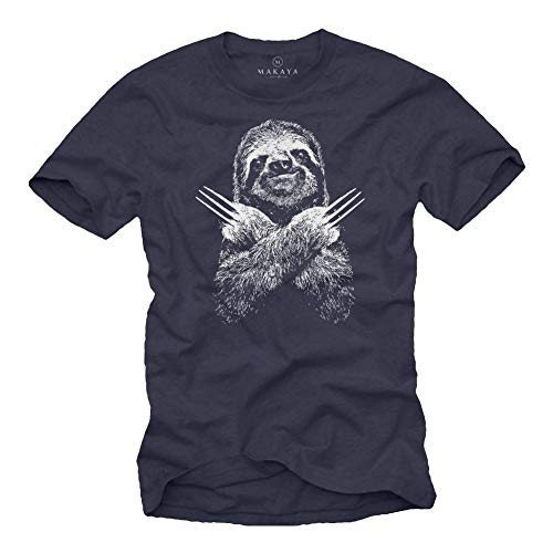 MAKAYA Bradipo Sloth T-Shirt Uomo L Blu 100% Cotone