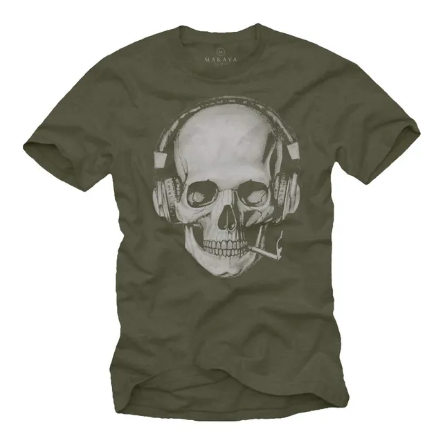 MAKAYA Teschio Auricolare T-Shirt Uomo Cotone DJ Musica