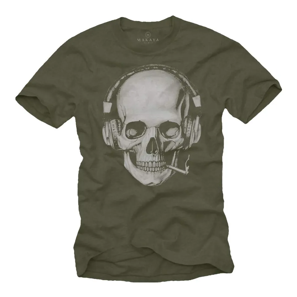 MAKAYA Teschio Auricolare T-Shirt Uomo Cotone DJ Musica