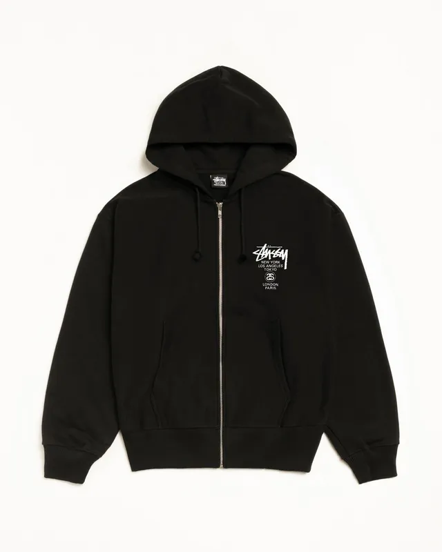 Stussy World Tour Zip Hoodie felpa zip nero cotone