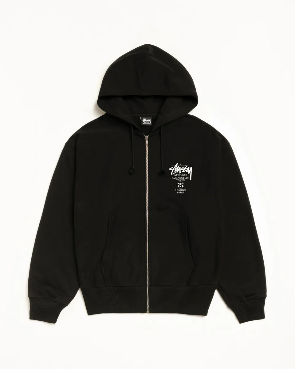 Stussy World Tour Zip Hoodie felpa zip nero cotone