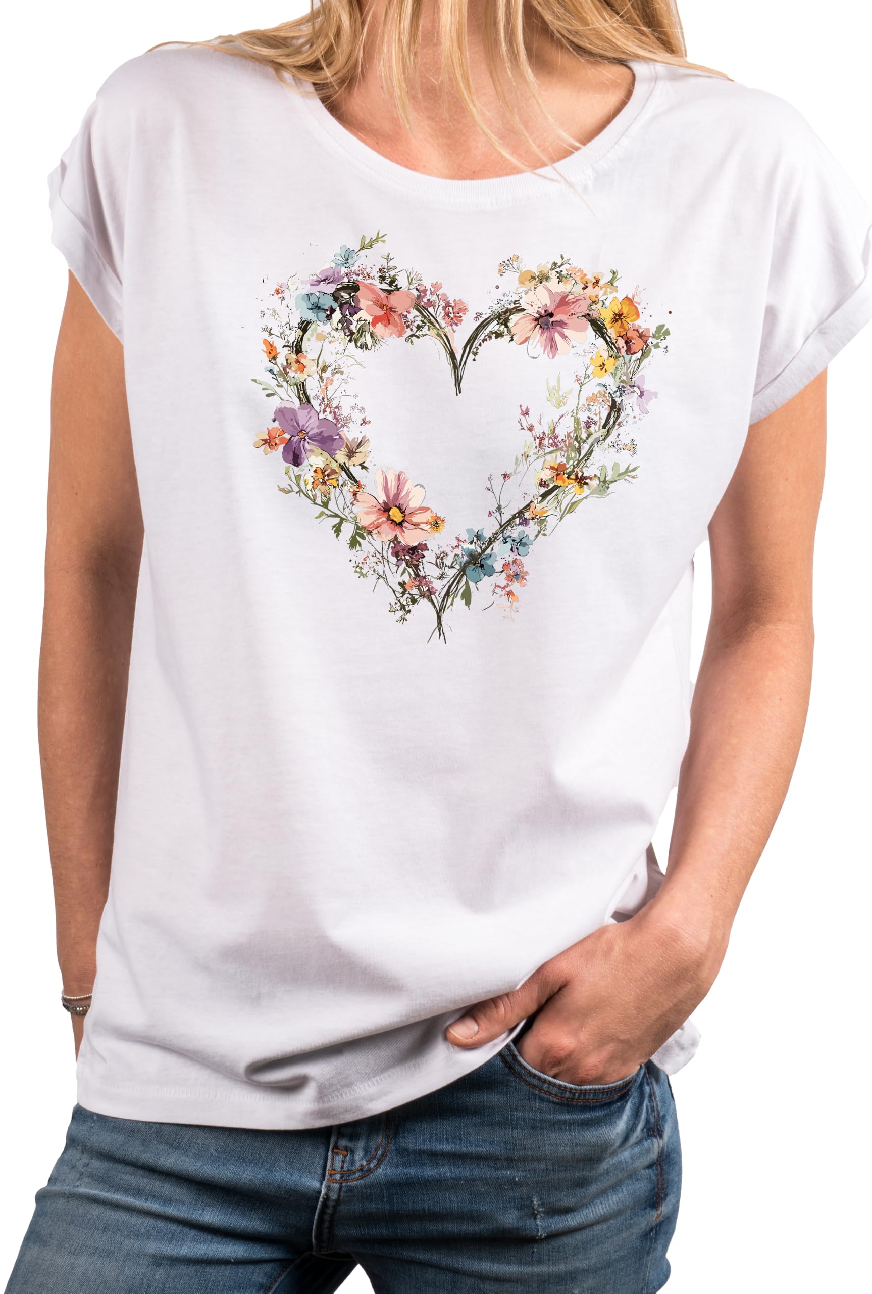 MAKAYA Cuore Floreale t-shirt donna cotone manica corta