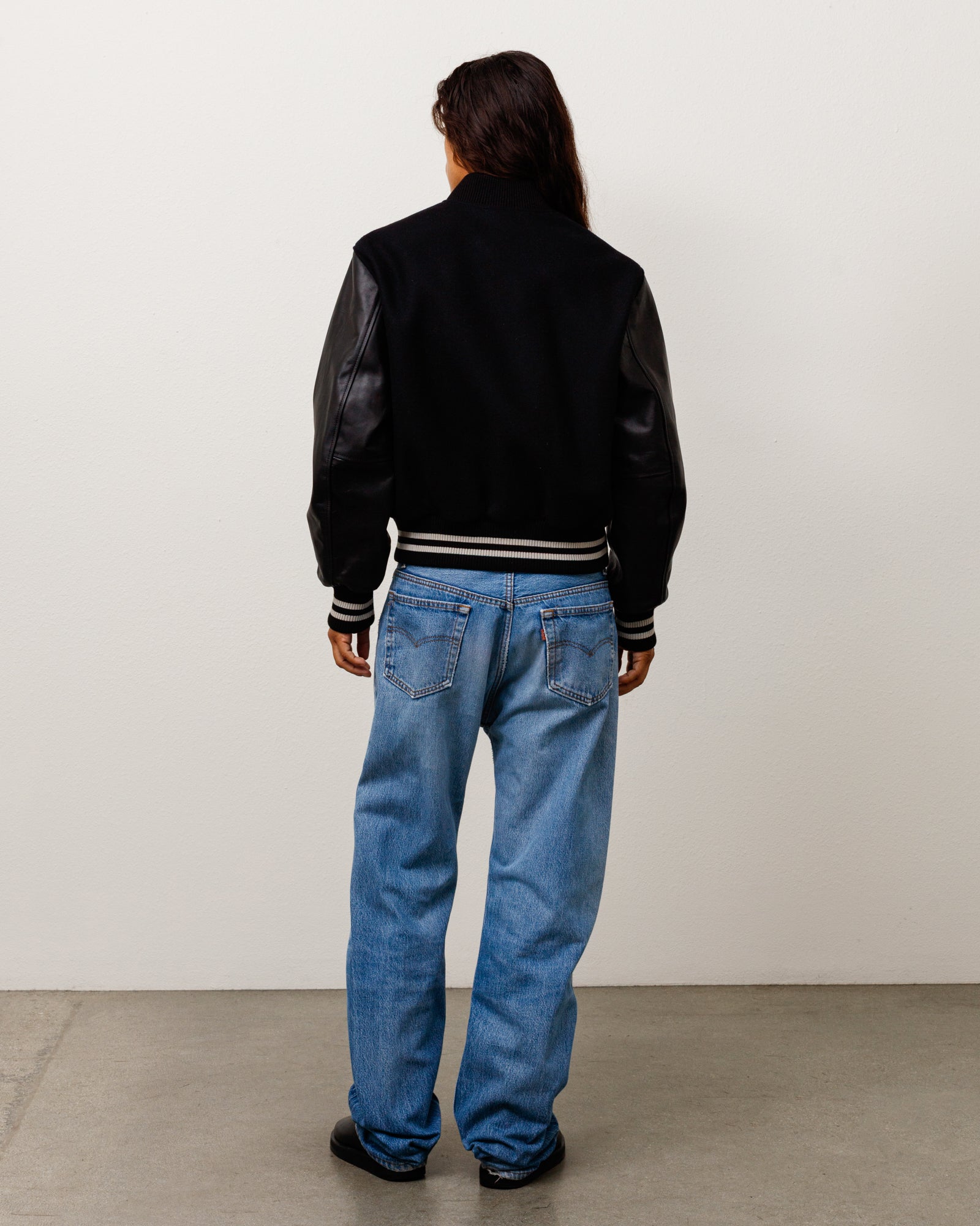 Stussy Wool Varsity giacca nera 75% lana maniche pelle