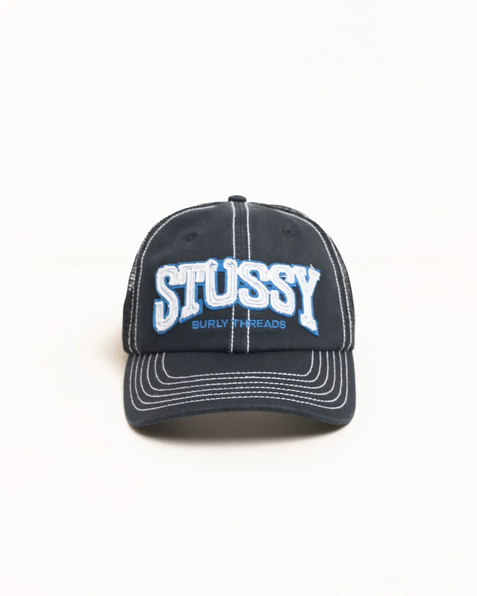 Stussy Burly Threads Trucker cappello nero cotone
