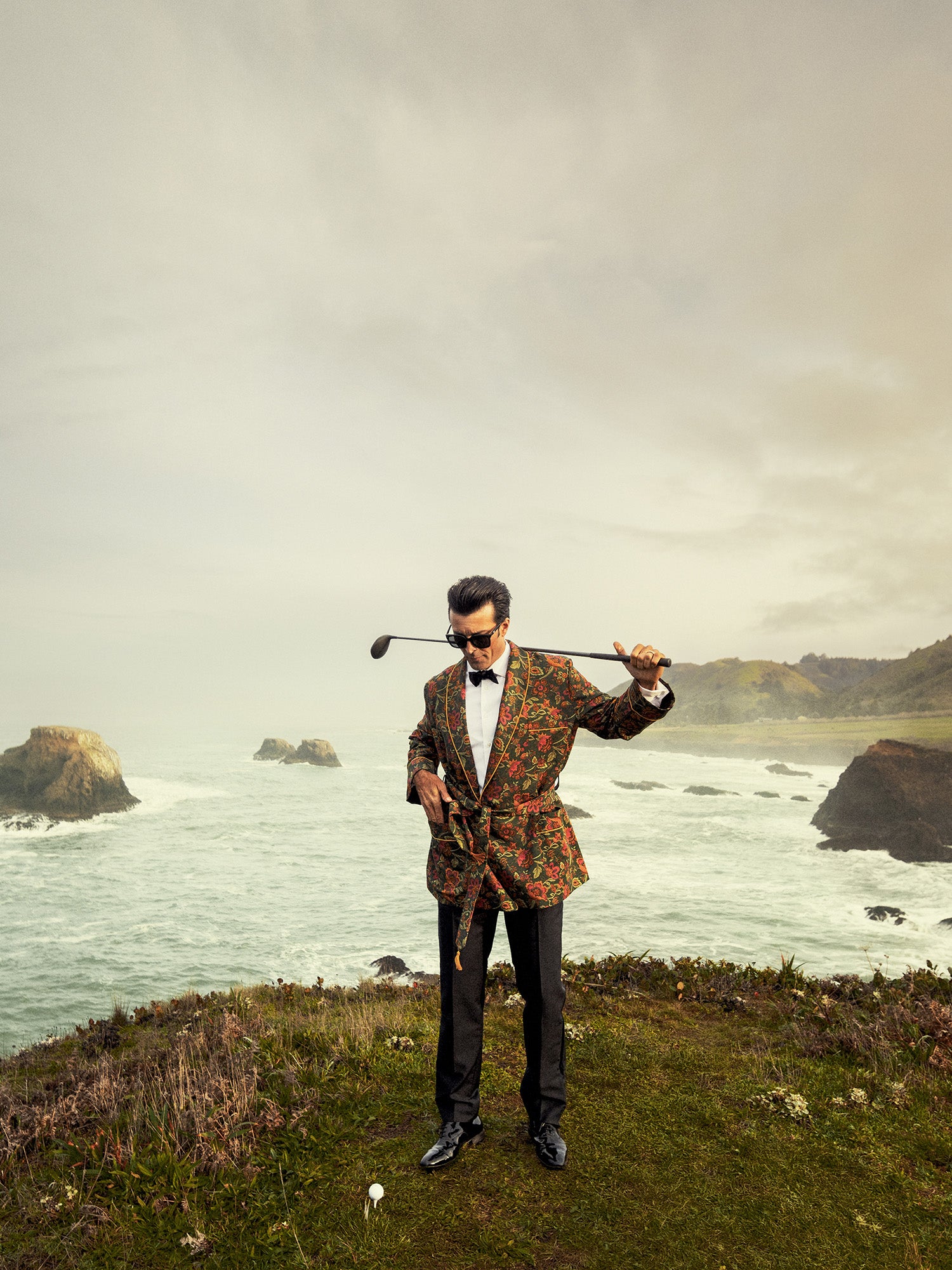 Robert Talbott Hefner smoking jacket seta verde oliva
