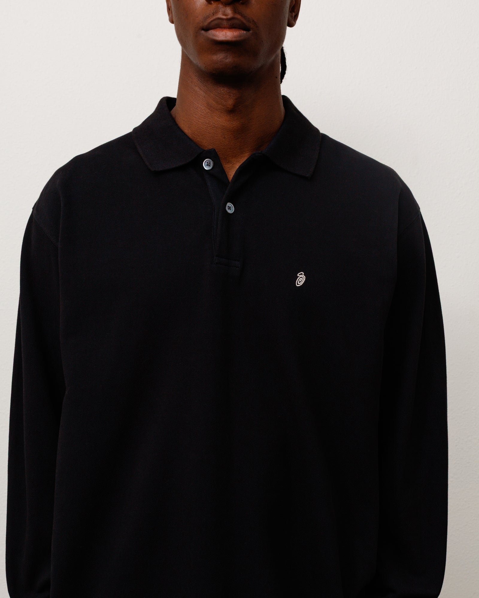 Stussy Classic Pique LS Polo Nera Maniche Lunghe Cotone