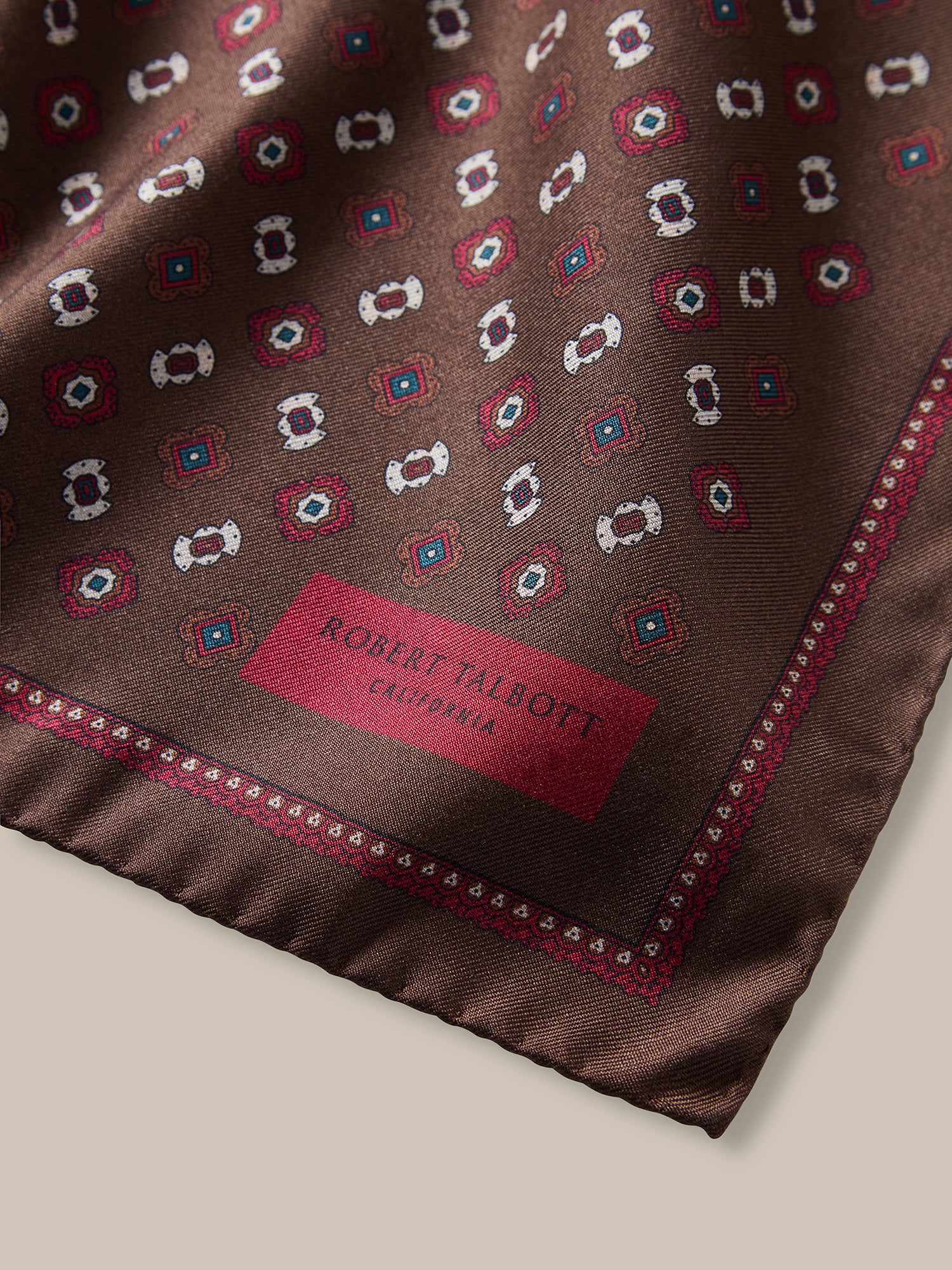 Robert Talbott Collins Medallion Spot Double Print pochette seta marrone