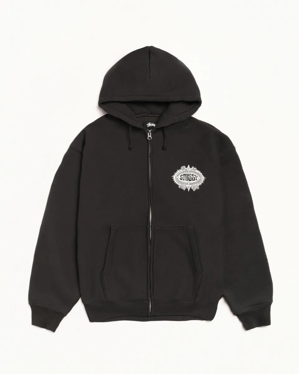 Stussy Mantra Zip Hoodie felpa nera 66% cotone cappuccio