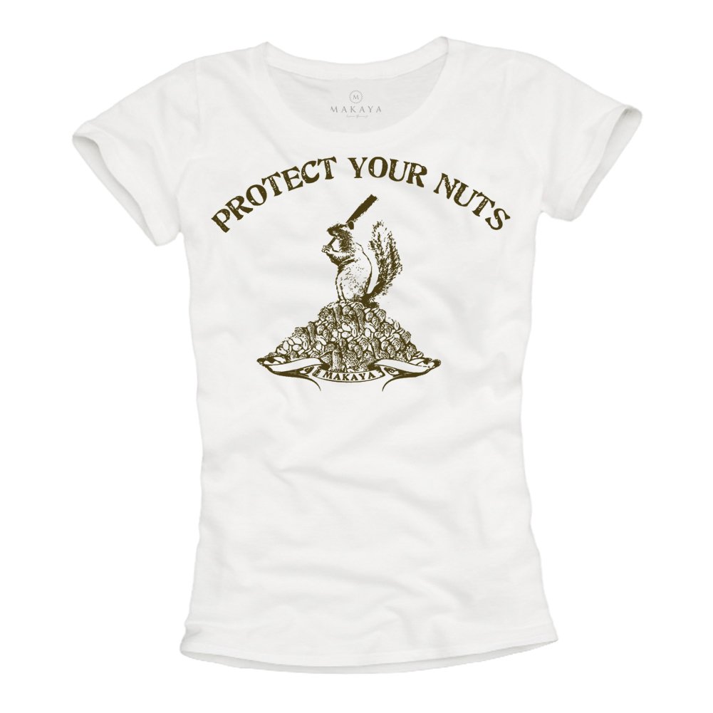 MAKAYA Protect Your Nuts T-Shirt Donna Bianca Cotone Taglia L
