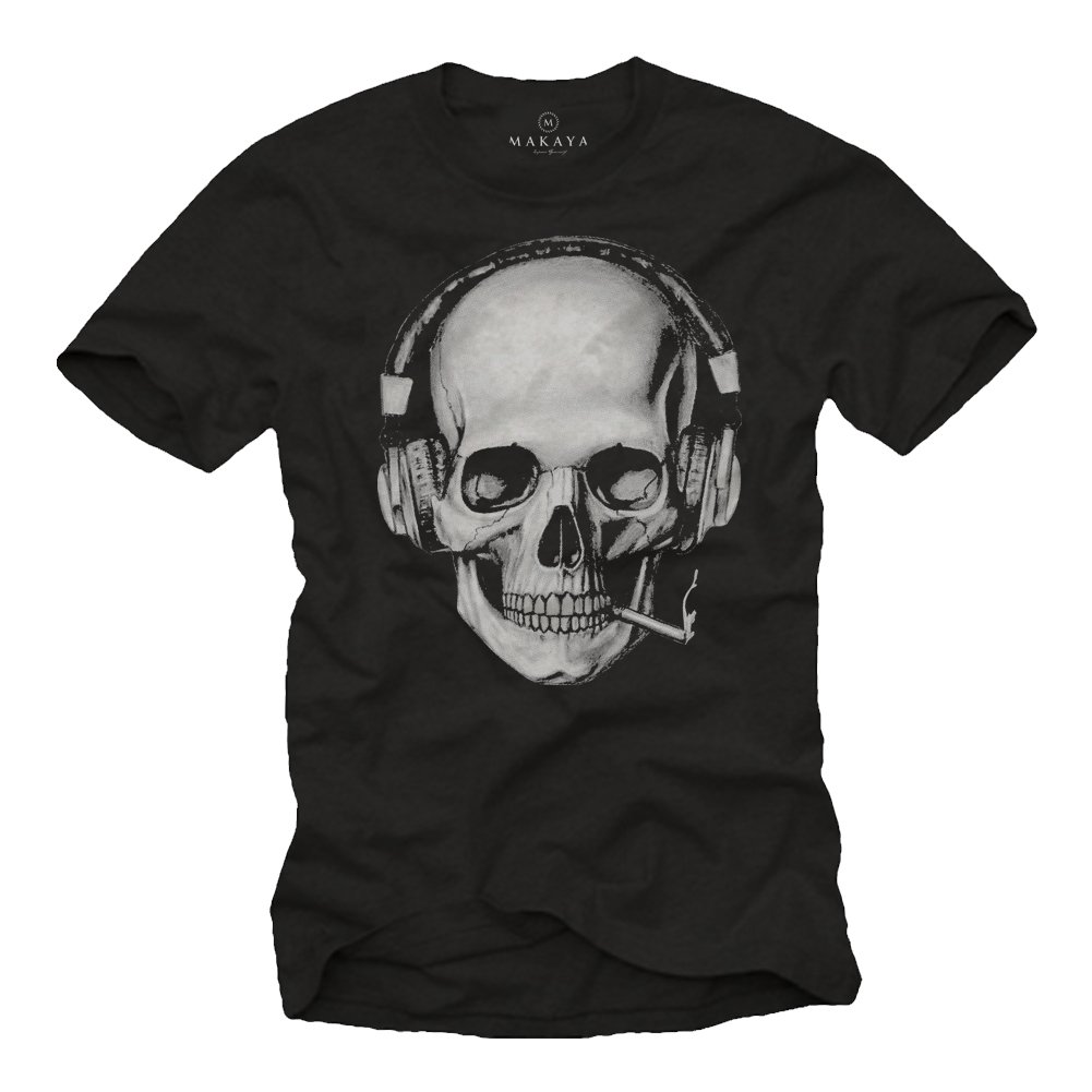 MAKAYA Teschio Auricolare T-Shirt Uomo Cotone DJ Musica