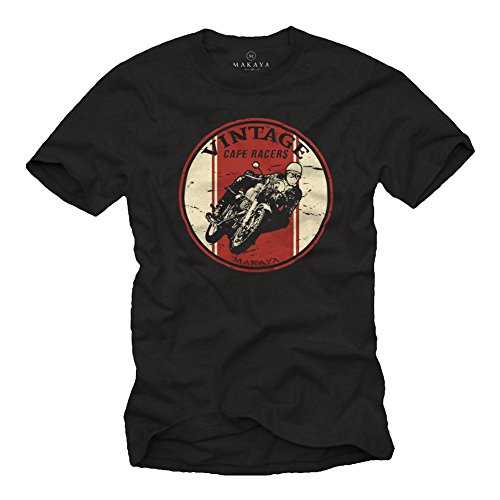 MAKAYA Cafe Racer Maglietta Uomo Cotone Vintage Moto Nero