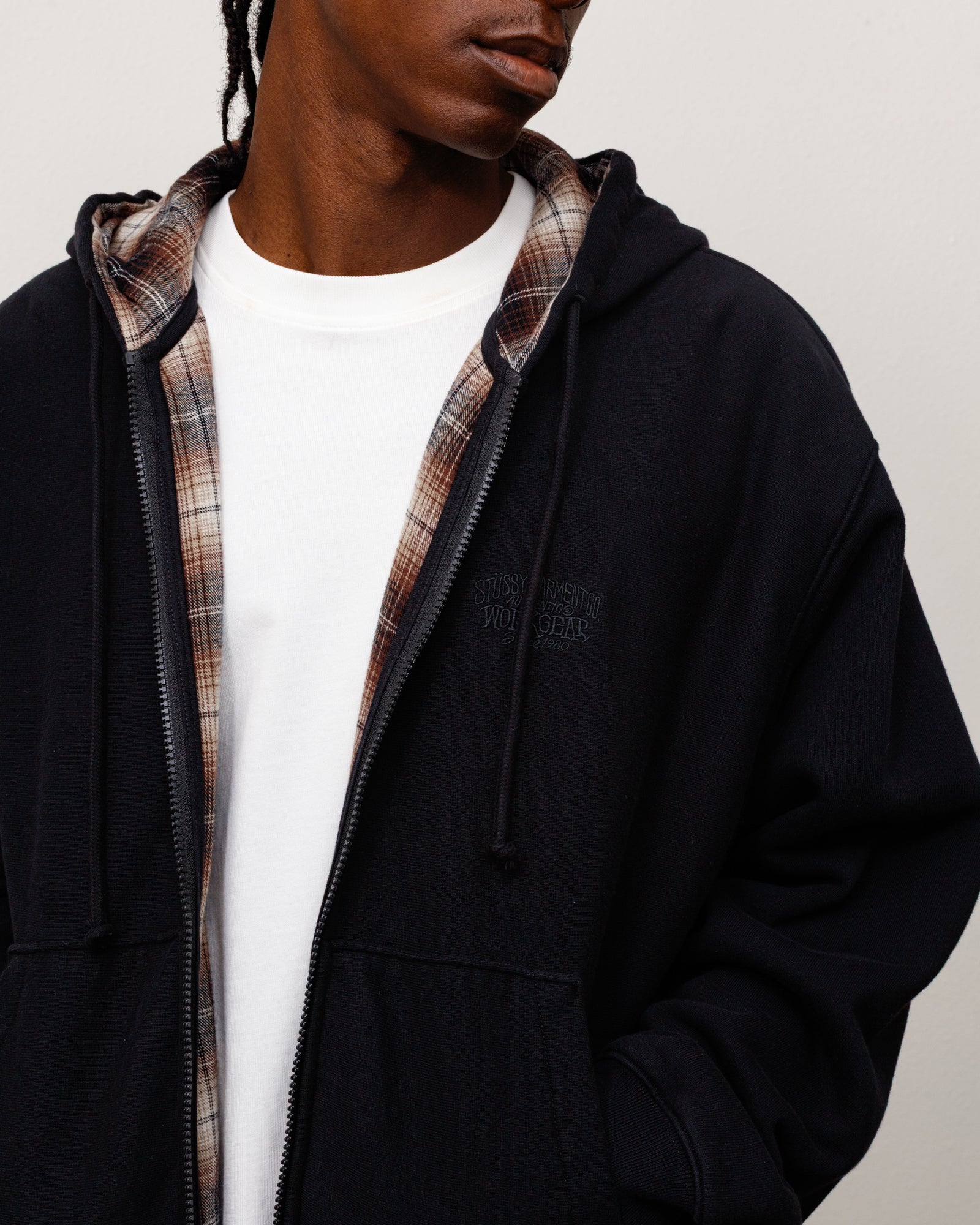 Stussy Zip Sweats felpa zip nera cappuccio fodera a quadri