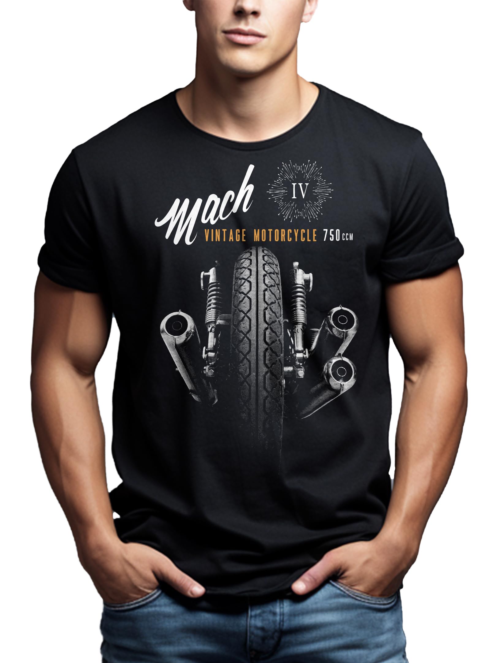 Makaya T-Shirt Uomo Moto Vintage Mach 4 Maglietta Cotone Nero