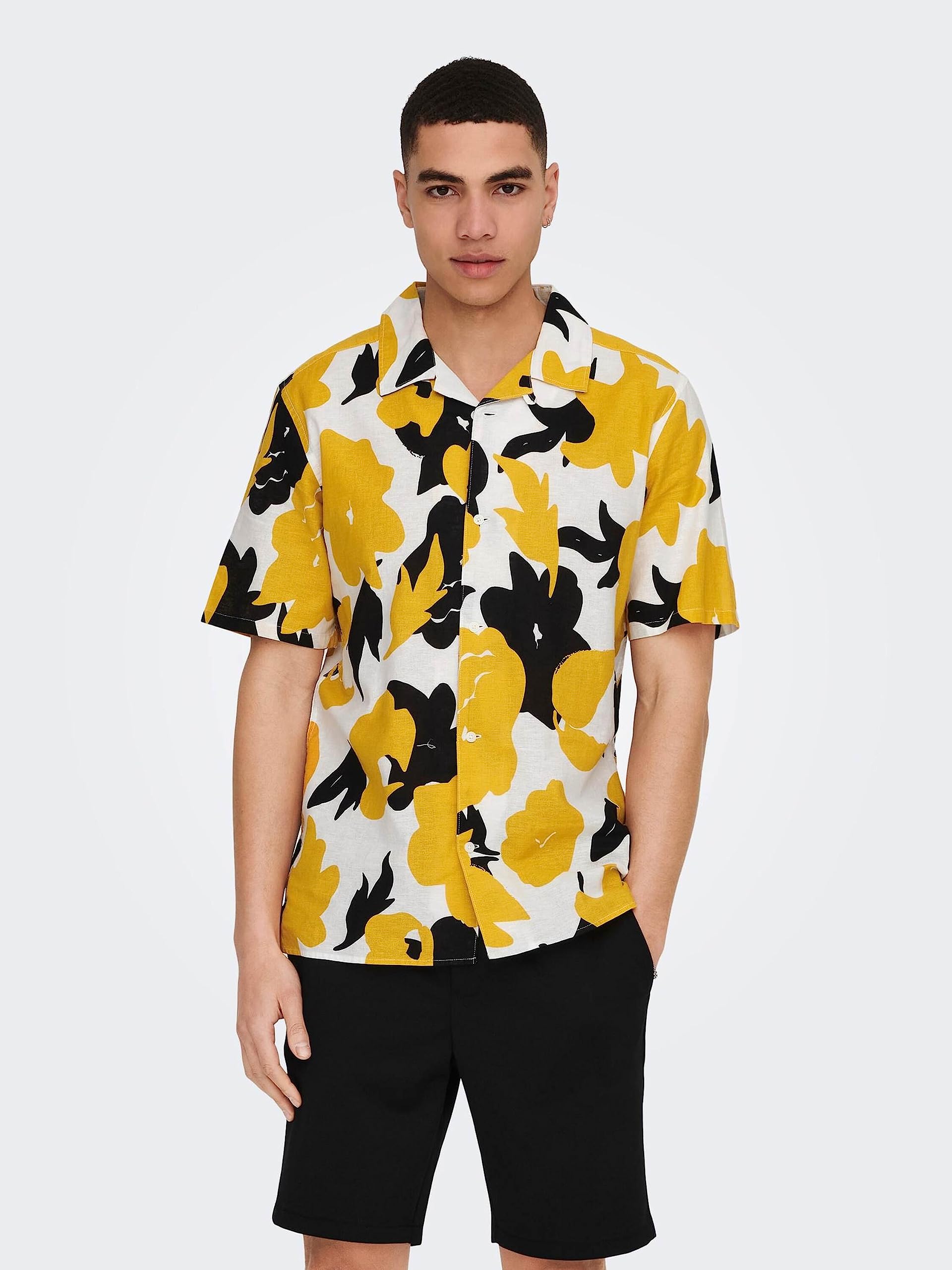 ONLY & SONS Onstrev Polo Uomo Camicia Nera Fantasia M