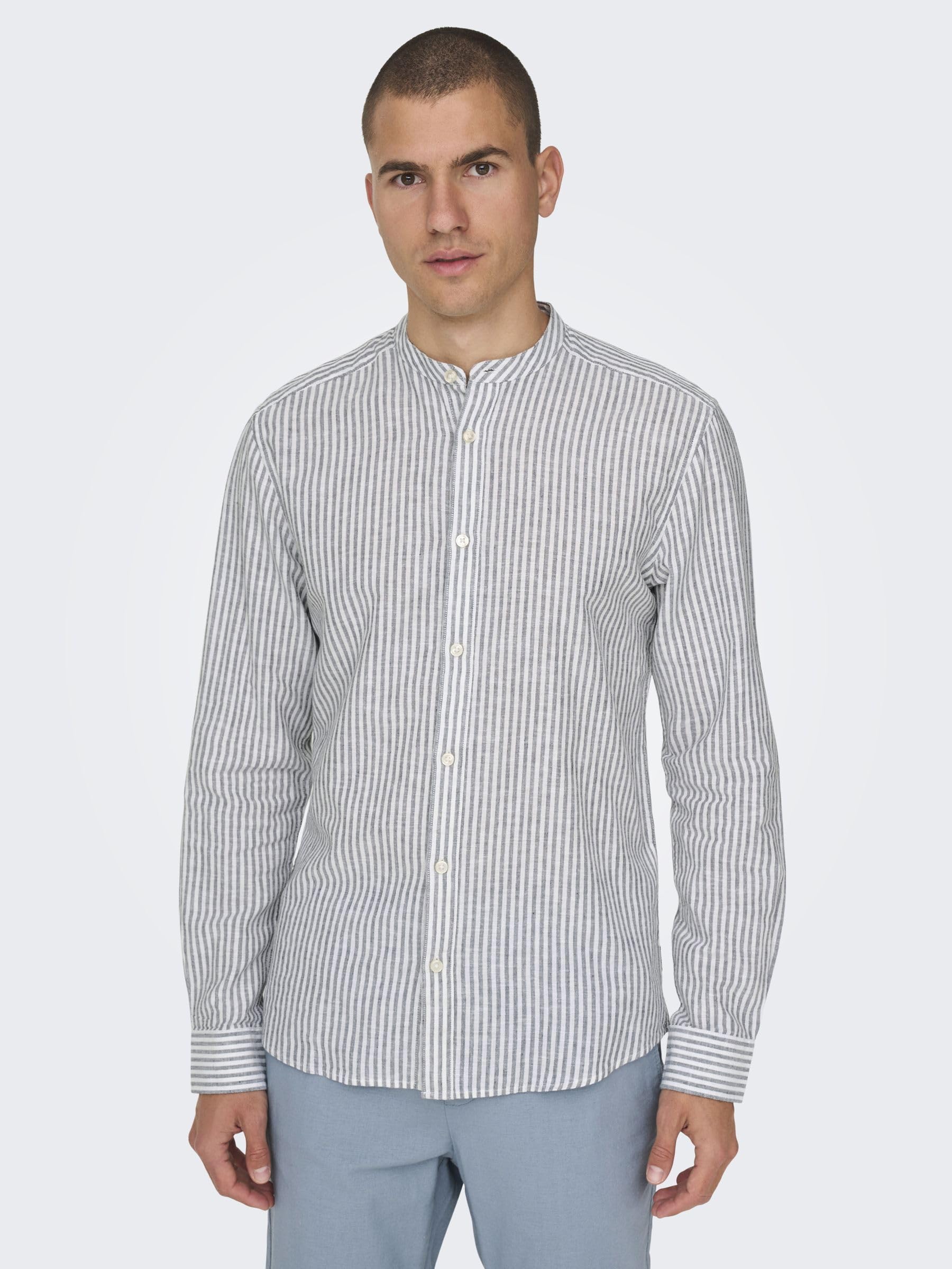 ONLY & SONS Camicie lino righe camicia uomo blu Cachemire