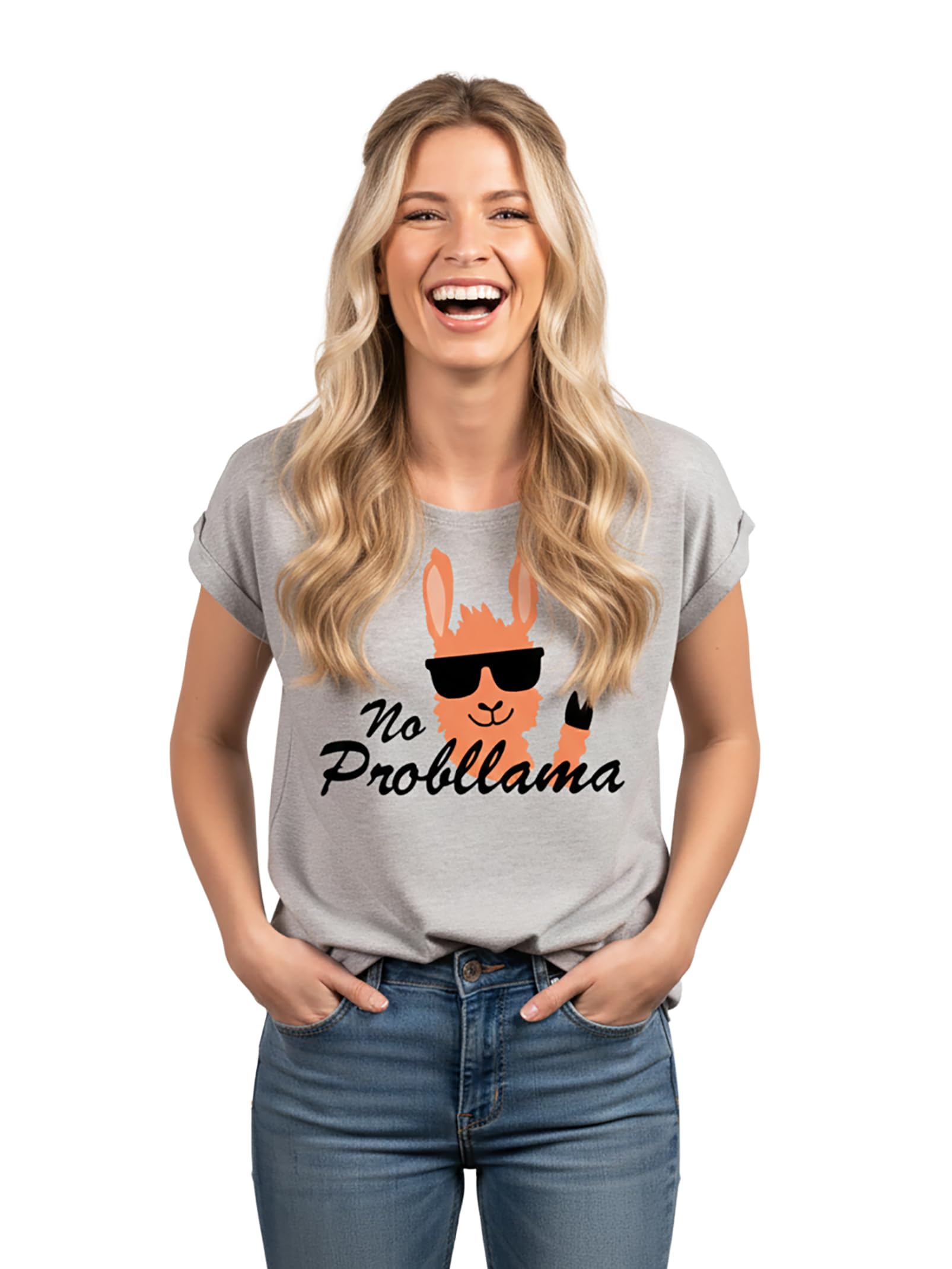MAKAYA T-Shirt Donna No Probllama Maglietta Grigio Chiaro