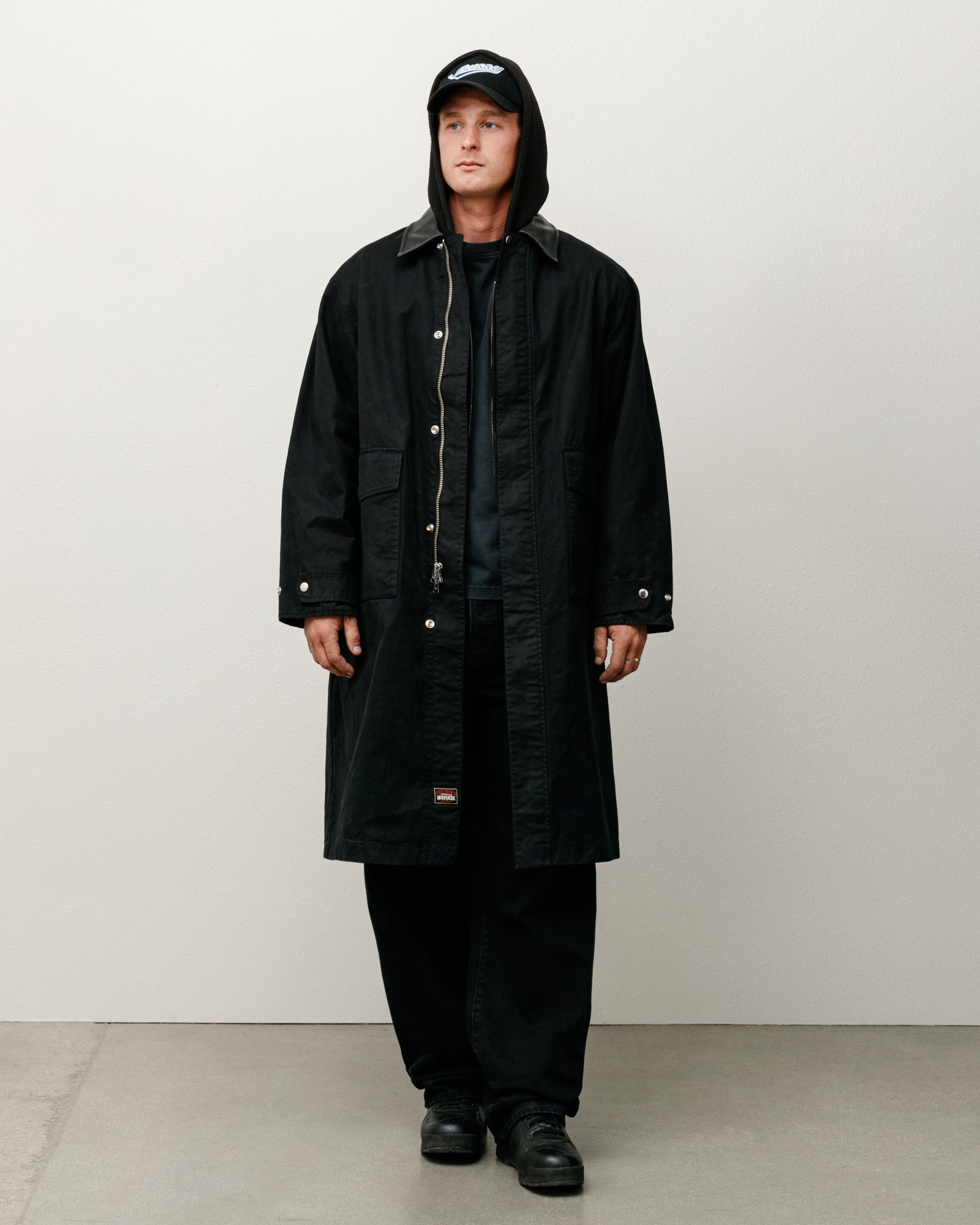 Stussy Duster Coat spolverino nero tela cotone YKK