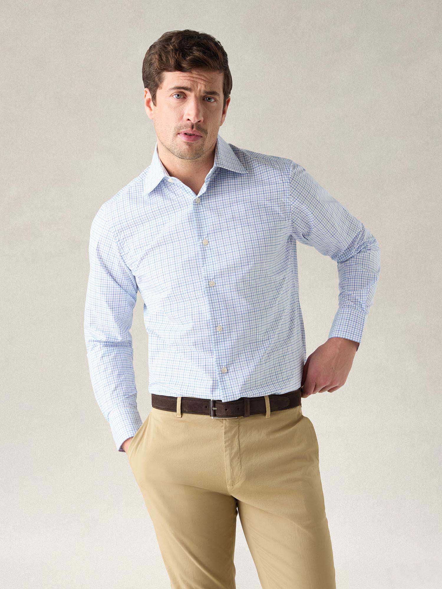 Robert Talbott Dress Shirts Madison Check camicia poplin azzurra