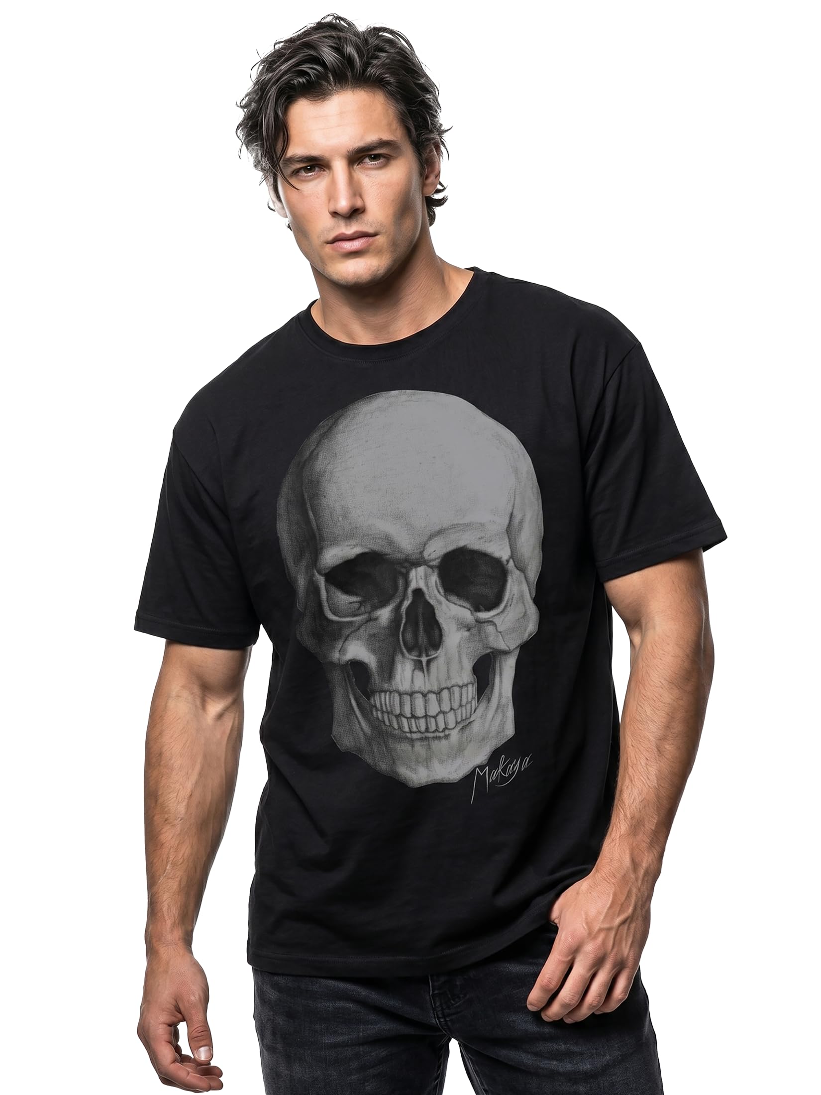 Makaya T-Shirt Uomo Death Skull Maglietta Teschio Cotone Nero