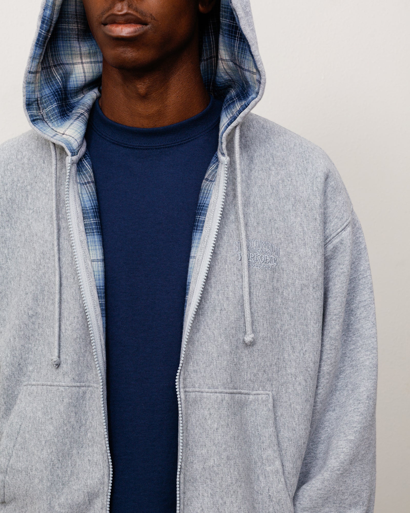 Stussy Zip Sweats Felpa Zip Cappuccio Grey Heather fodera quadri