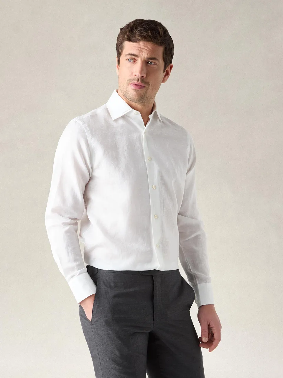 Robert Talbott Reynolds Paisley camicia uomo cotone lino bianca