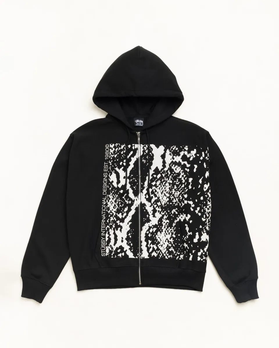 Stussy Snakeskin Zip Hoodie Felpa Zip Nera Cotone 430gsm