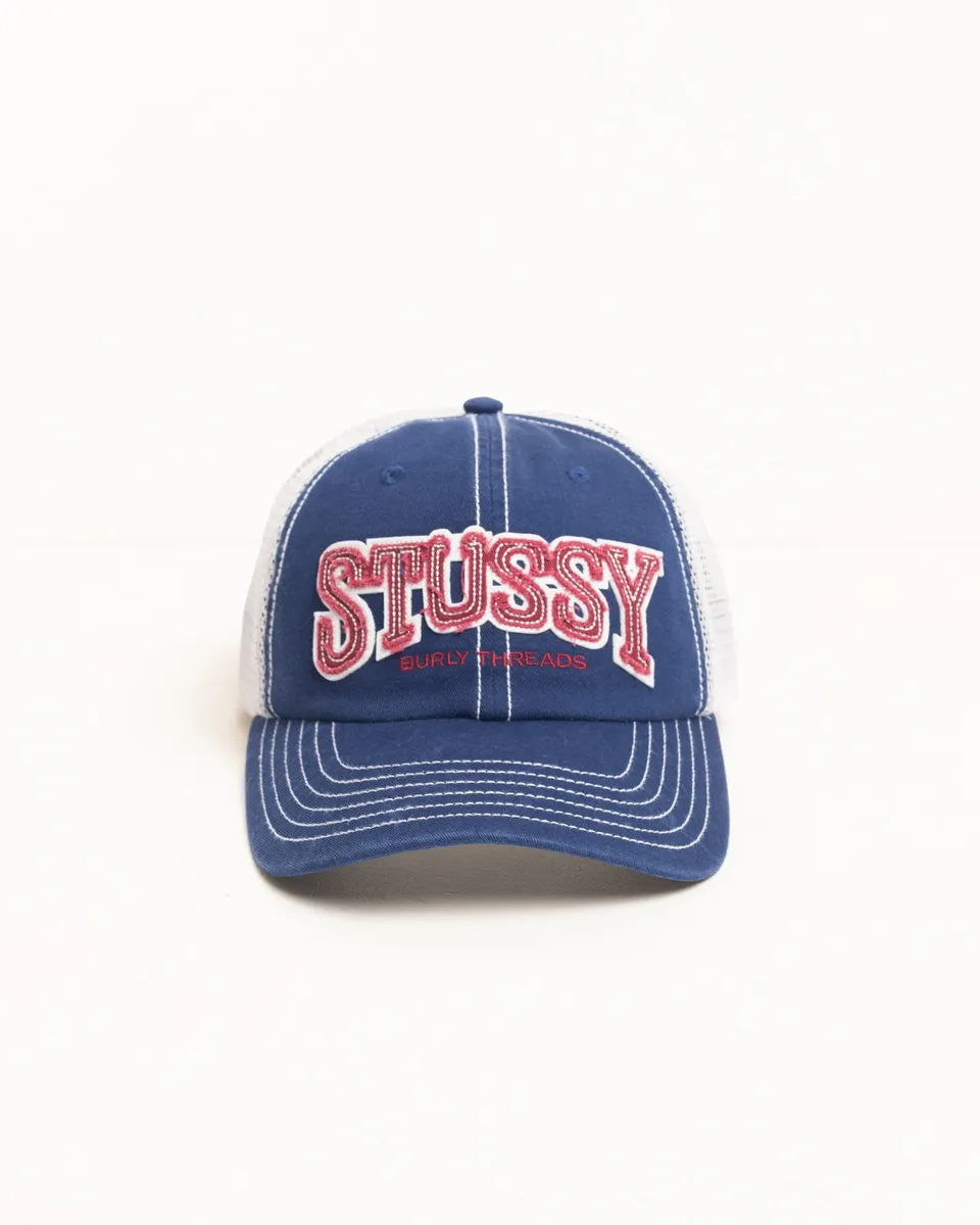 Stussy Burly Threads Trucker cappello blu cotone