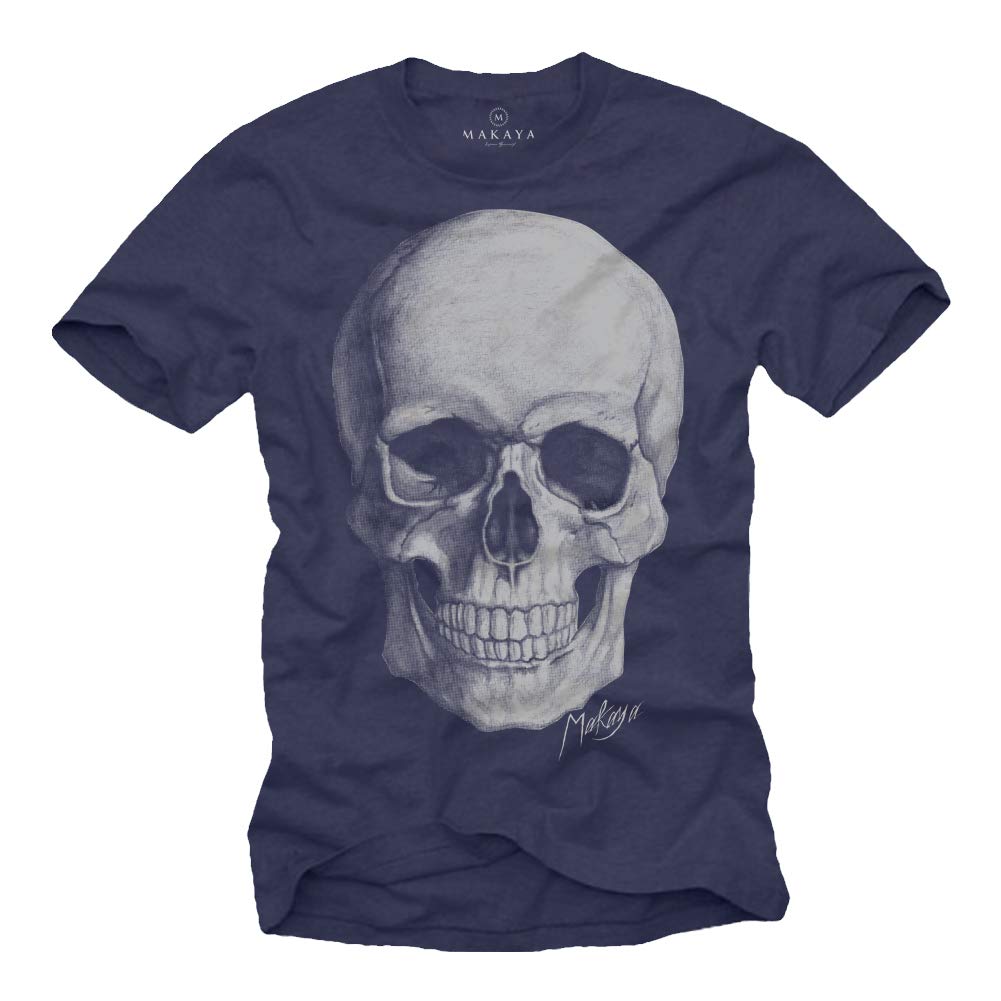 Makaya T-Shirt Uomo Death Skull Maglietta Teschio Cotone Nero