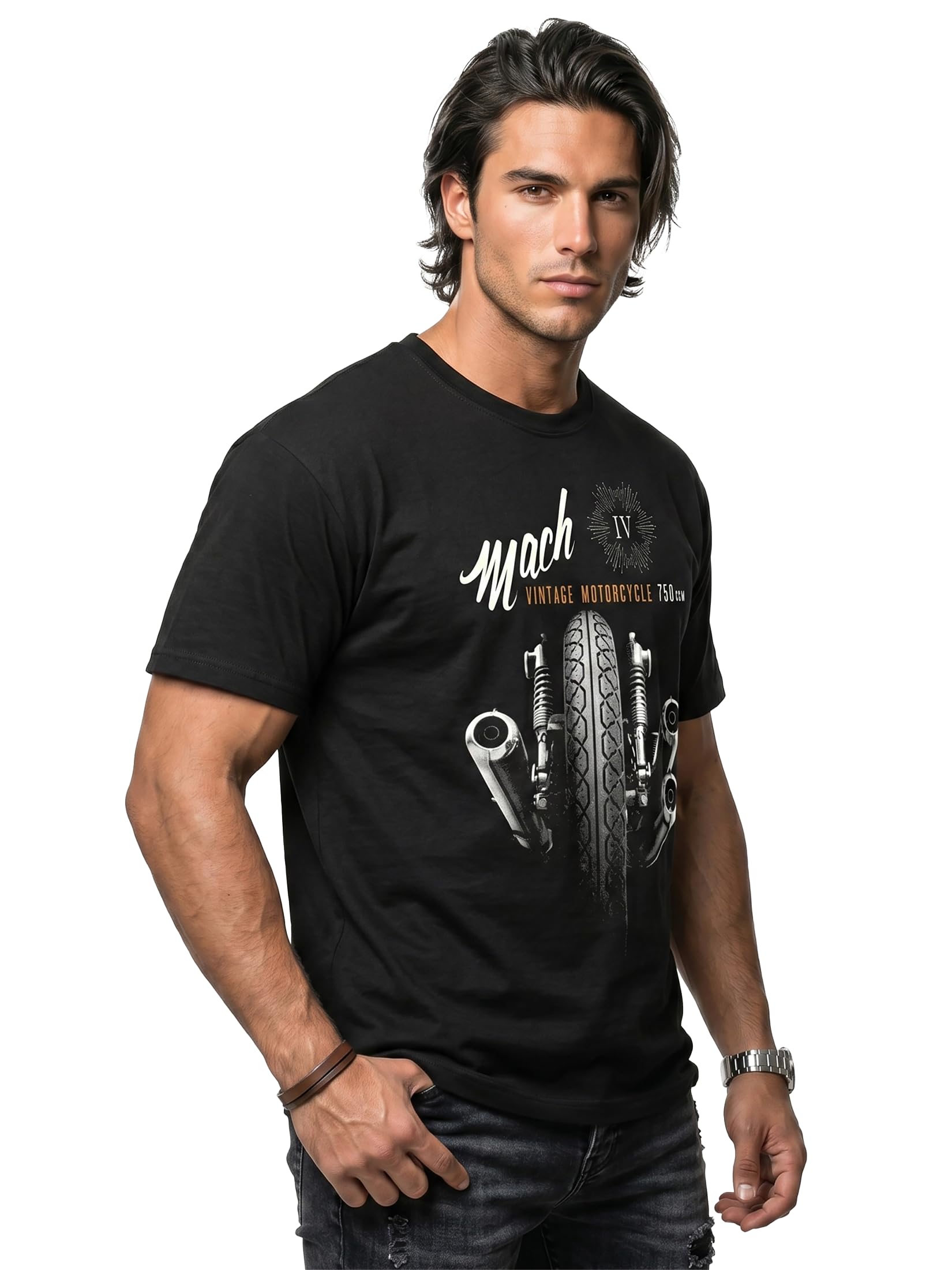 Makaya T-Shirt Uomo Moto Vintage Mach 4 Maglietta Cotone Nero
