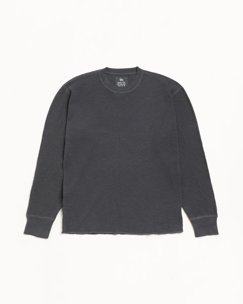 Stussy Pigment Dyed LS Thermal maglia nera waffle cotone